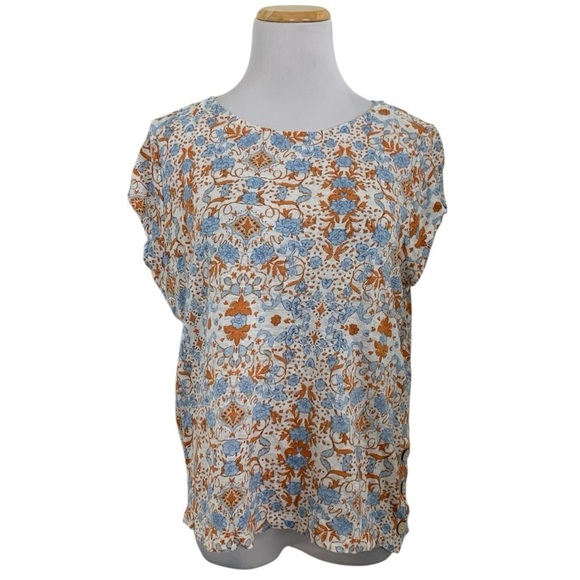 Rachel Zoe Tops - Rachel Zoe 100% Linen Floral Top Women’s L Wooden Buttons Coastal Lightweight